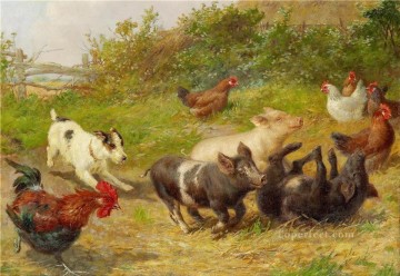 Fowl Painting - dog pigs hen and cock